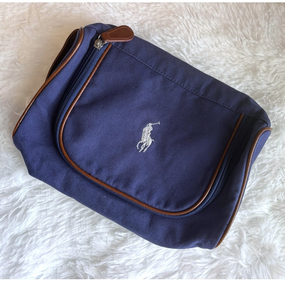 Polo Ralph Lauren Navy Blue Canvas Toiletry Bag Dopp Kit Brown Trim Mens